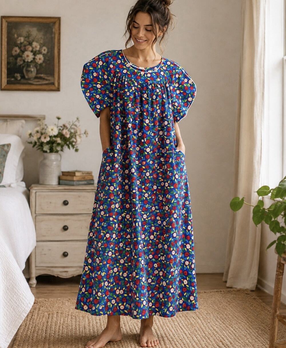 Printfresh NWT Organic Cotton Apple Print Nightgown Dress M Cottagecore Pkts